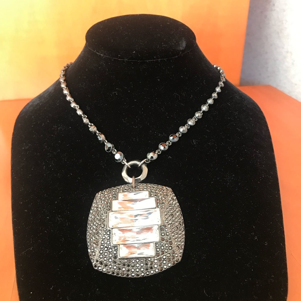 Givenchy Charcoal Silver Statement Necklace with Crystal Pendant. Rare!